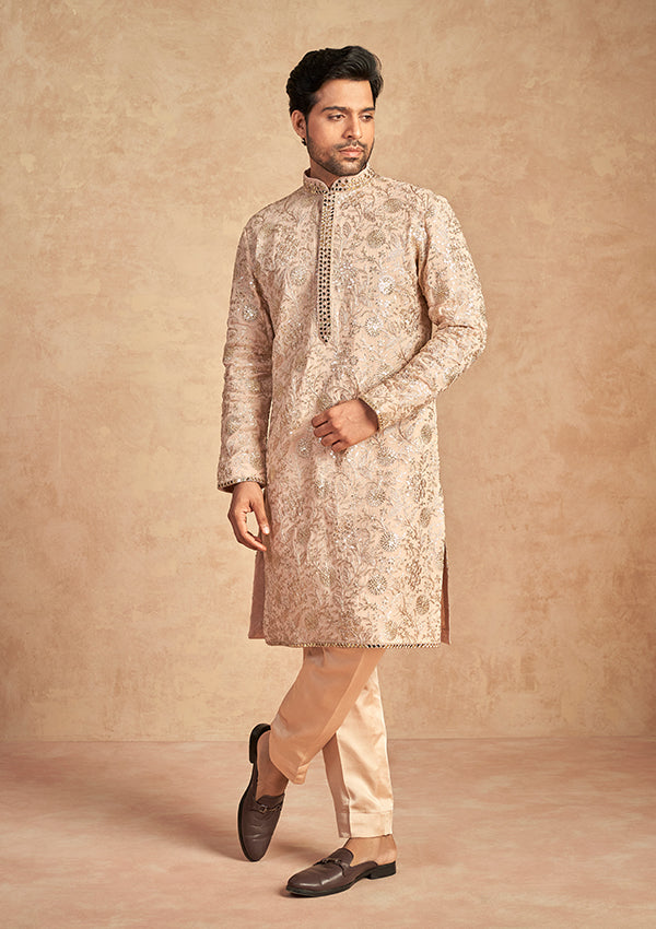 Gold Lucknowi Kurta Churidar With Collar Patti Mirror Work