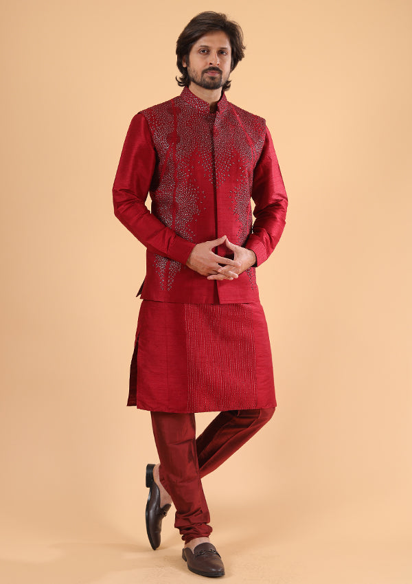 Maroon raw silk kurta pyjama koti