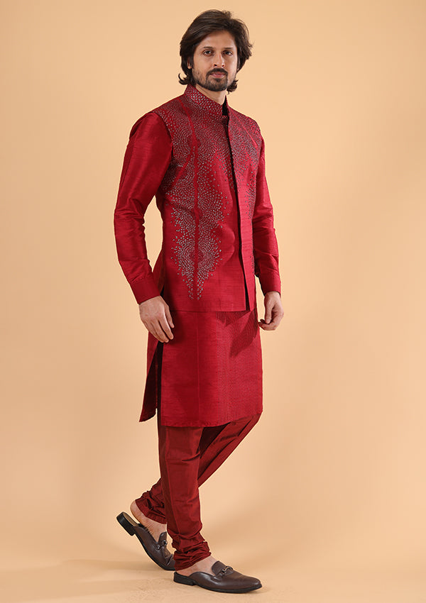 Maroon raw silk kurta pyjama koti