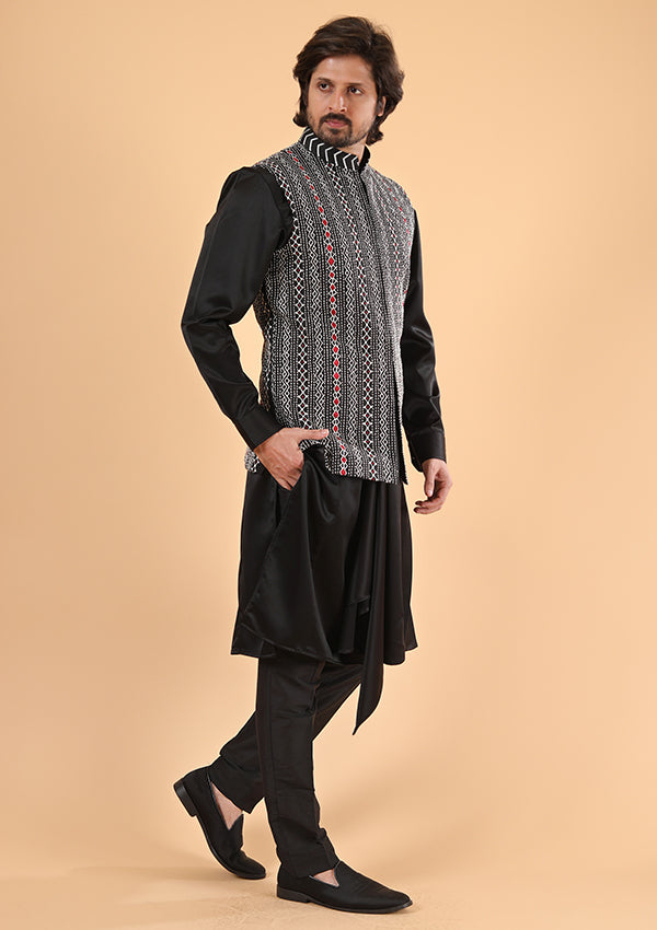 Black Raw Silk and linen satin Kurta Pyjama with Thread Work