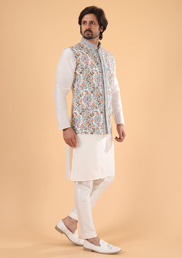 Off White Depione Silk Kurta Pyjama Koti with Threadwork