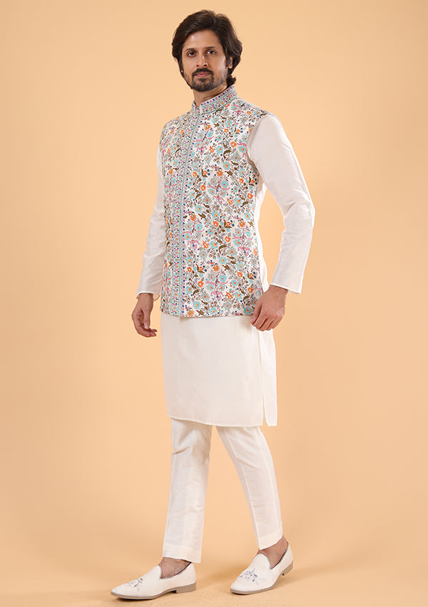 Off White Depione Silk Kurta Pyjama Koti with Threadwork