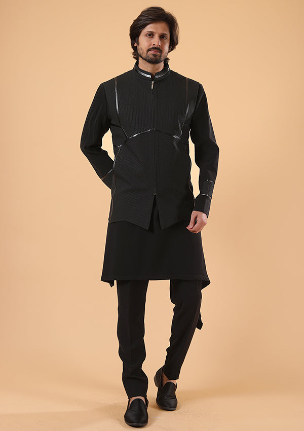 Black Polyviscose Kurta Pyjama Koti with Pliting and Zip.