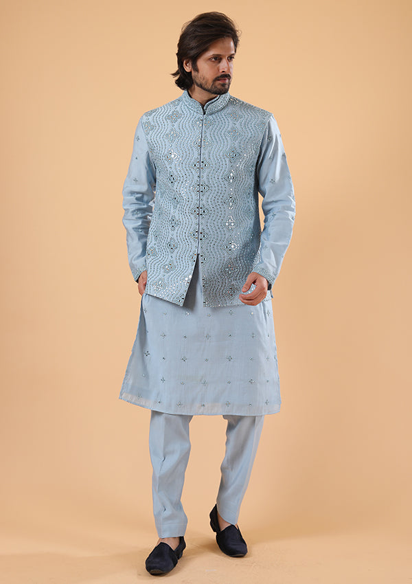 Light Blue Silk Kurta Pyjama Koti with Mirror and Thread Work.