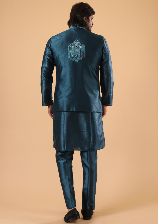 Teal blue silk Kurta Pyjama Koti with Mirror and thread work