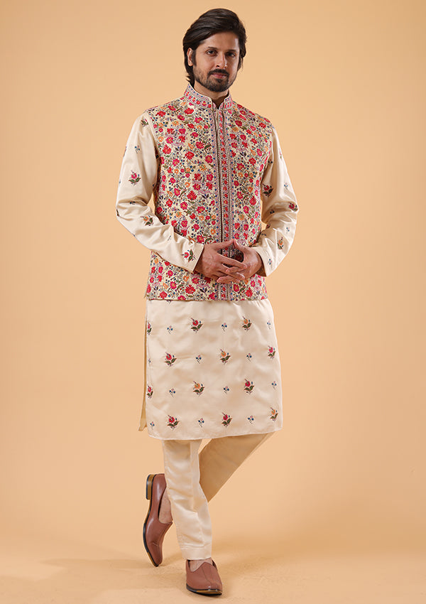 Beige Silk Kurta Set with Multi-colored Thread Work