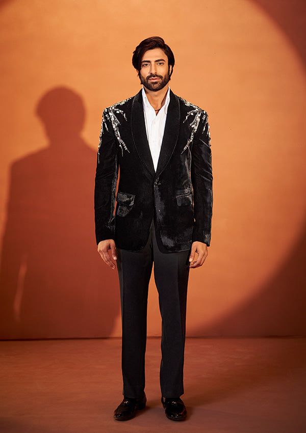 Black Velvet Tuxedo Suit with 3D Embroidery and Grey Embellishments MILLIONAIRE FASHIONS PRIVATE LIMITED Black Velvet Tuxedo Suit with 3D Embroidery and Grey Embellishments MILLIONAIRE FASHIONS PRIVATE LIMITED