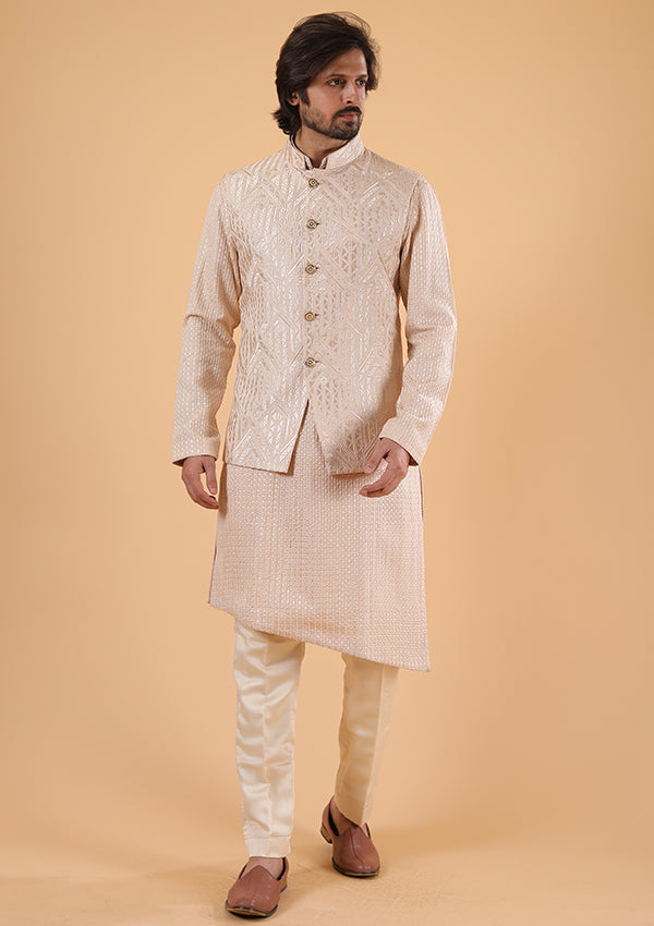 Beige Lucknowi Kurta Pyjama Koti with Hand Work