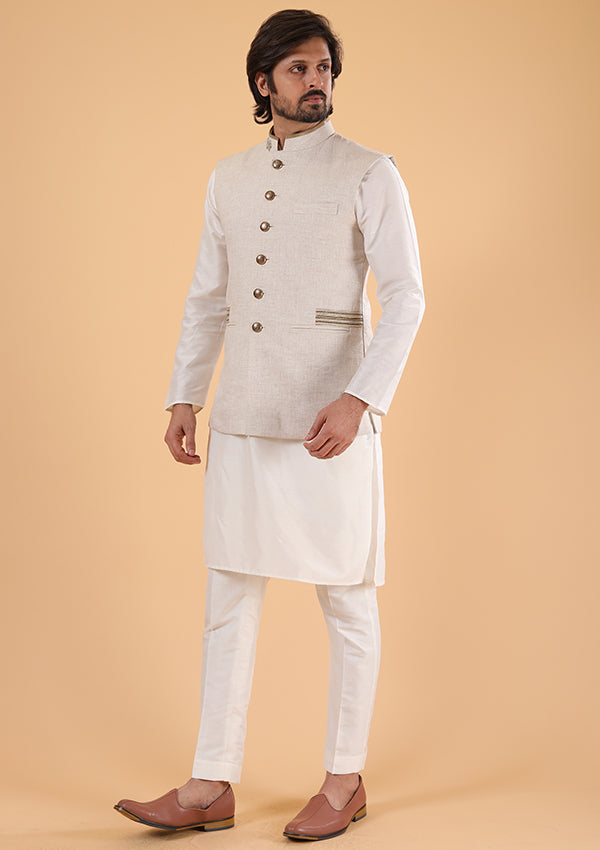 Beige Linen Koti Silk Kurta With Kasab Work