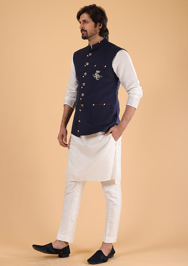 Blue and Beige Linen Koti Silk Kurta with Kasab Work