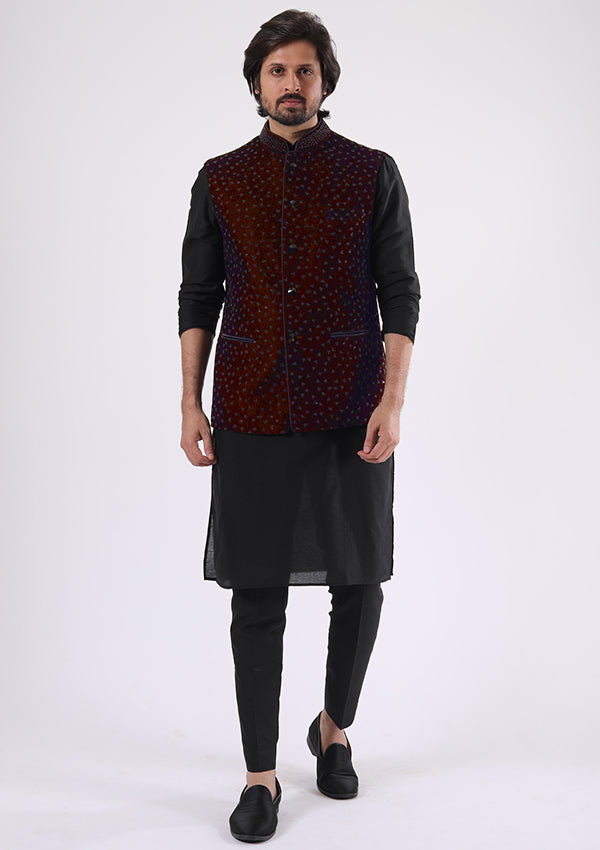 Black and Wine Velvet Kurta Pyjama Koti with Cut Moti Work