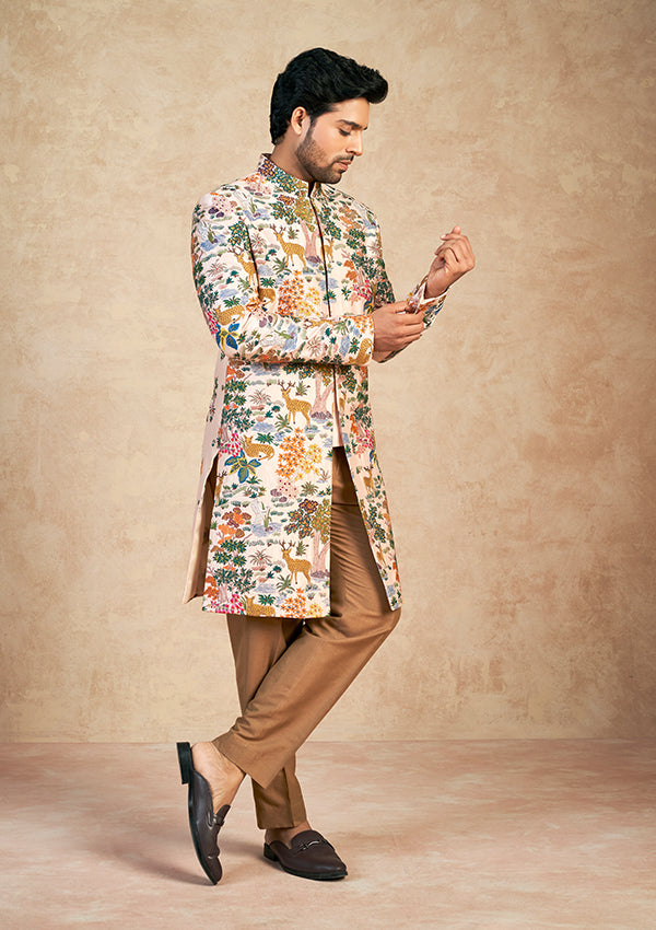 Peach raw silk sherwani with multi-colour machine work