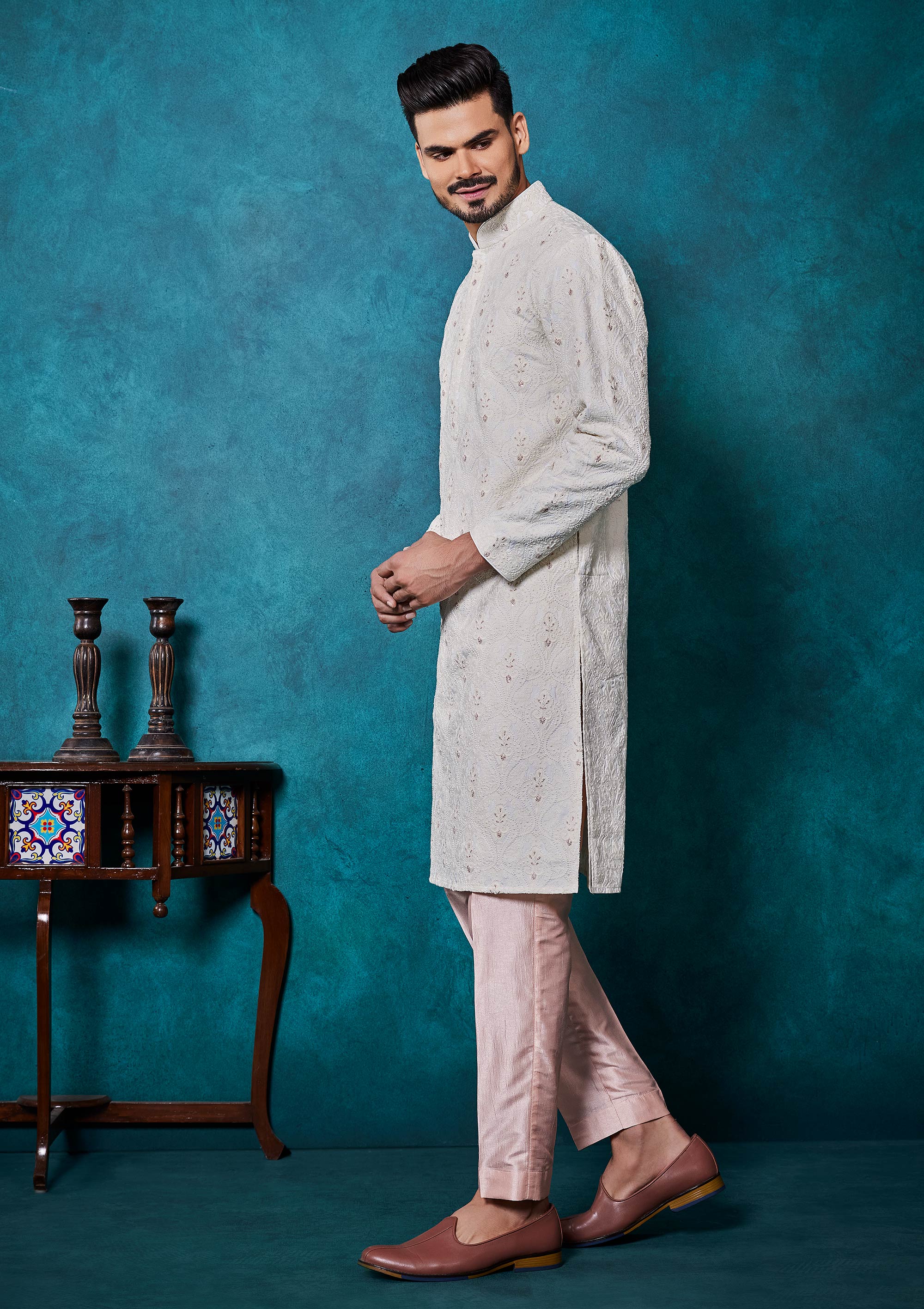 Off white Lucknowi Kurta Pyjama with thread work