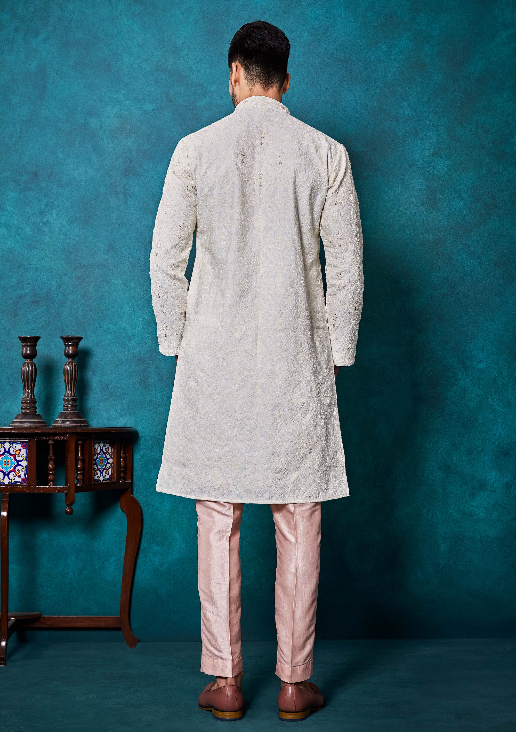 Off white Lucknowi Kurta Pyjama with thread work