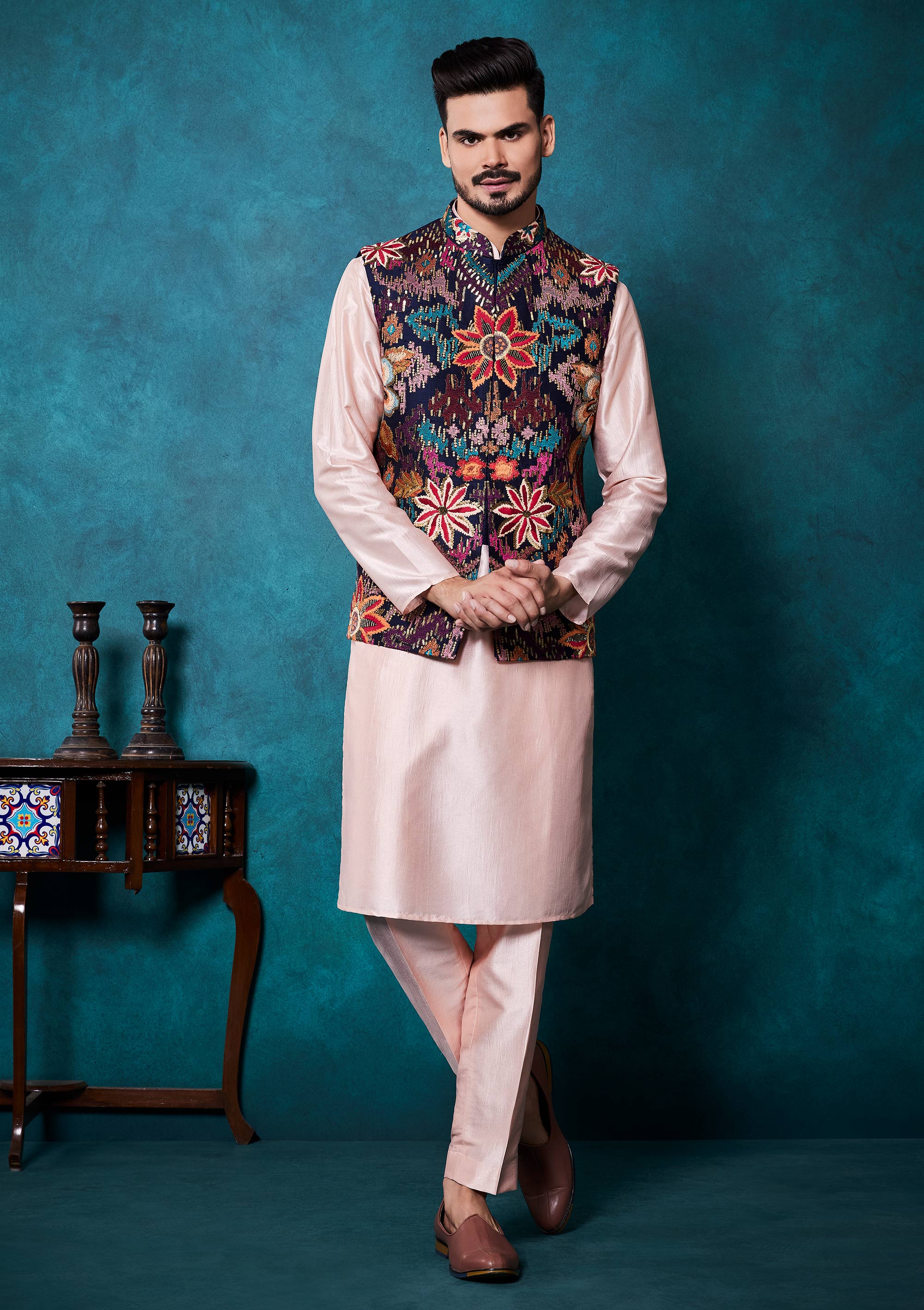 Peach Kurta pyjama and blue  Koti with multi-color threadwork