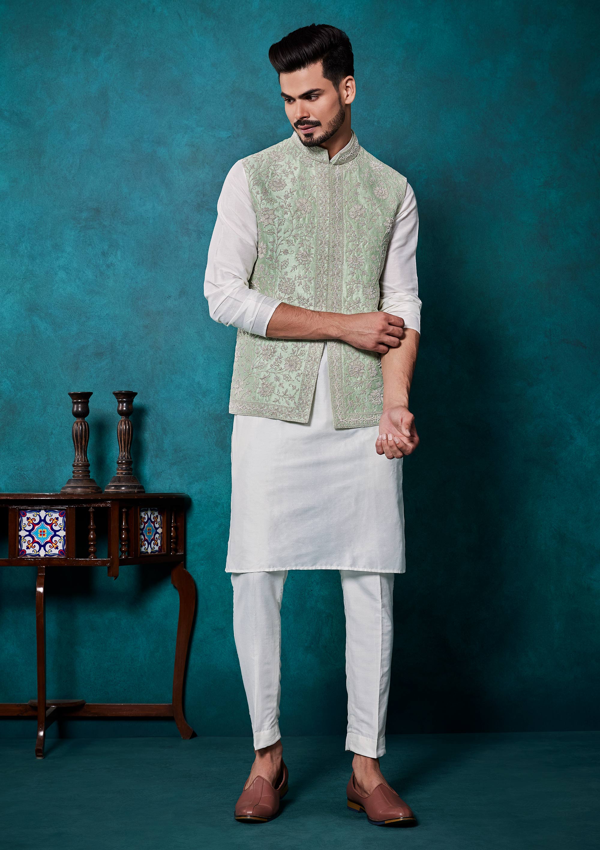 Pista Silk Kurta Pyjama With Thread and Pearl Work