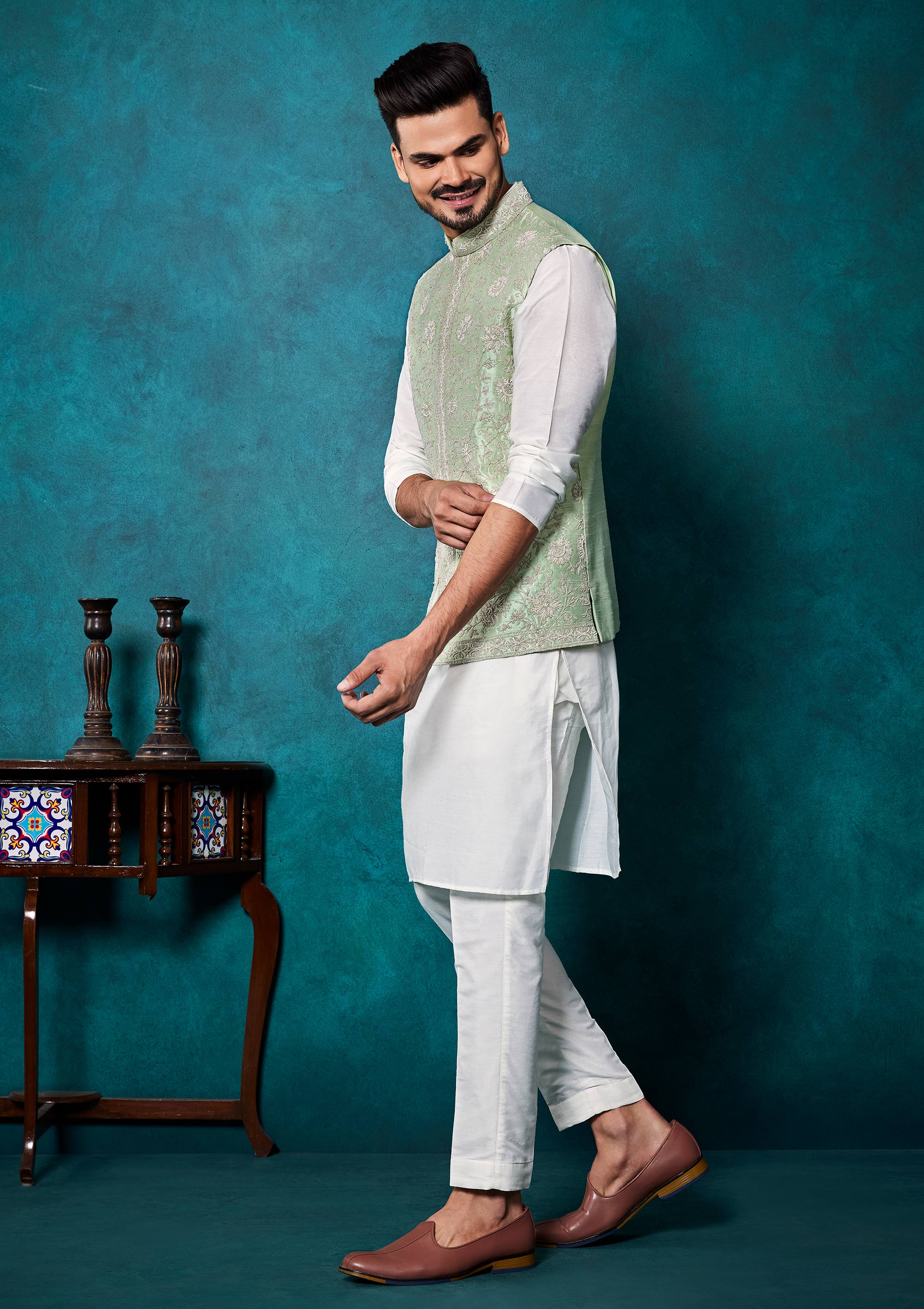 Pista Silk Kurta Pyjama With Thread and Pearl Work