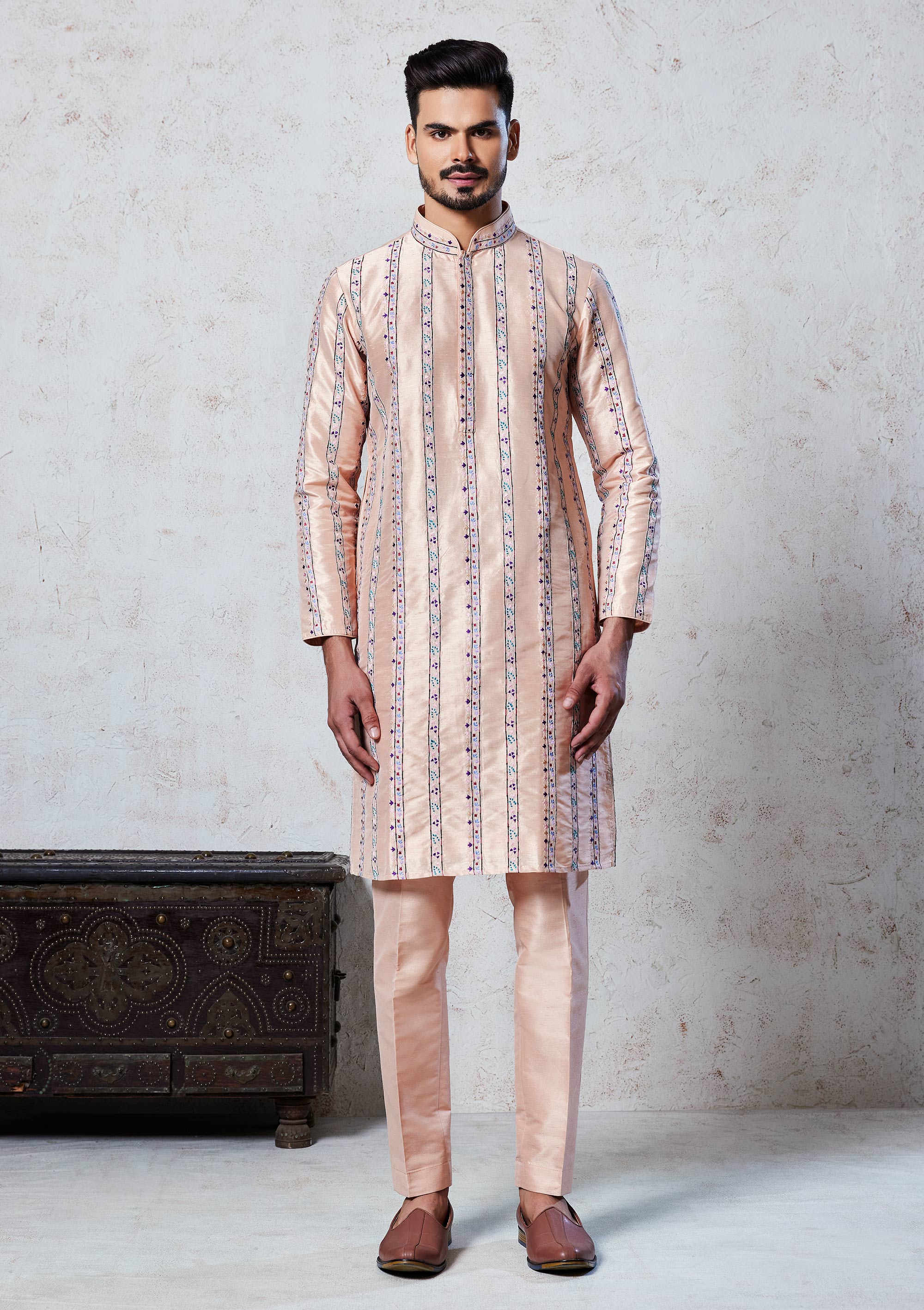 Peach silk  Kurta Pyjama with  Colorful thread Work