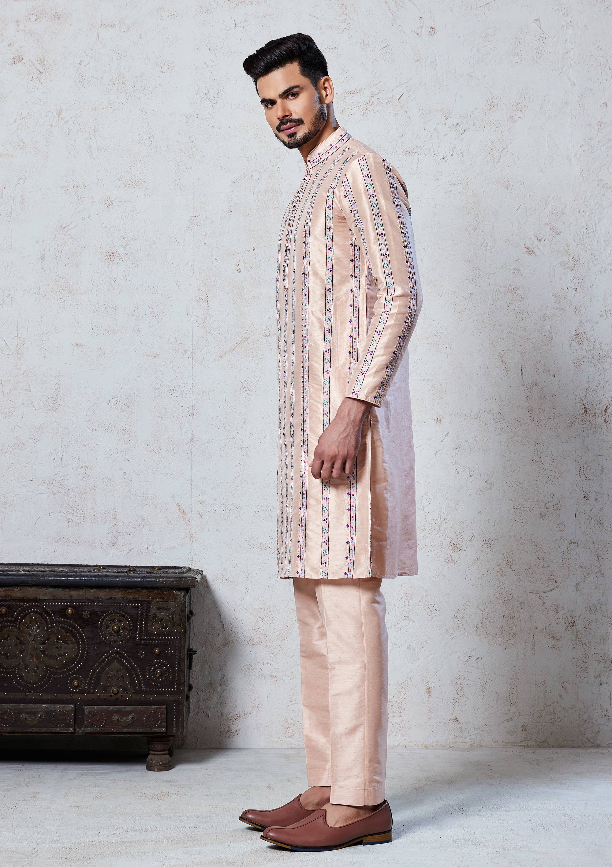 Peach silk  Kurta Pyjama with  Colorful thread Work