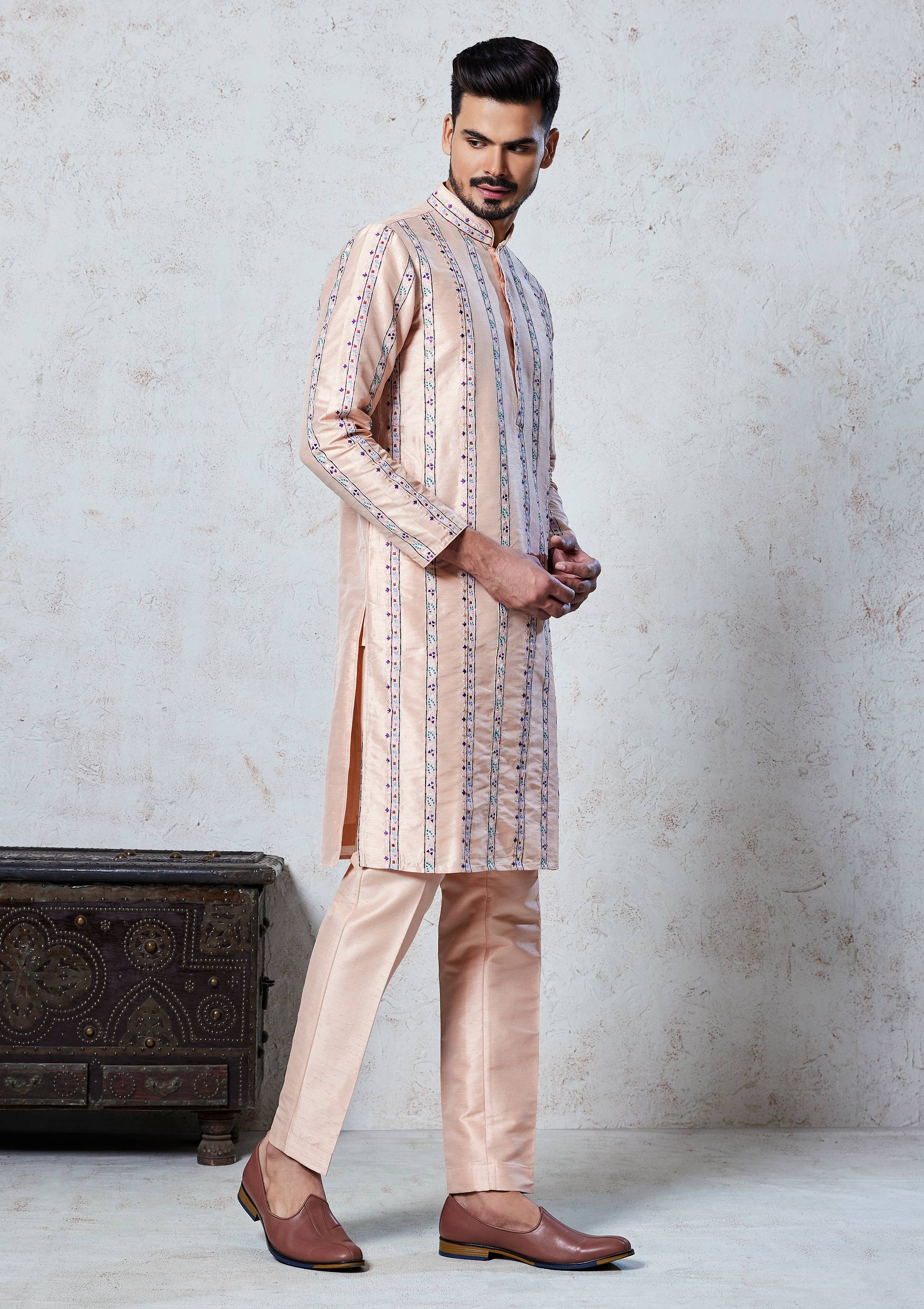 Peach silk  Kurta Pyjama with  Colorful thread Work