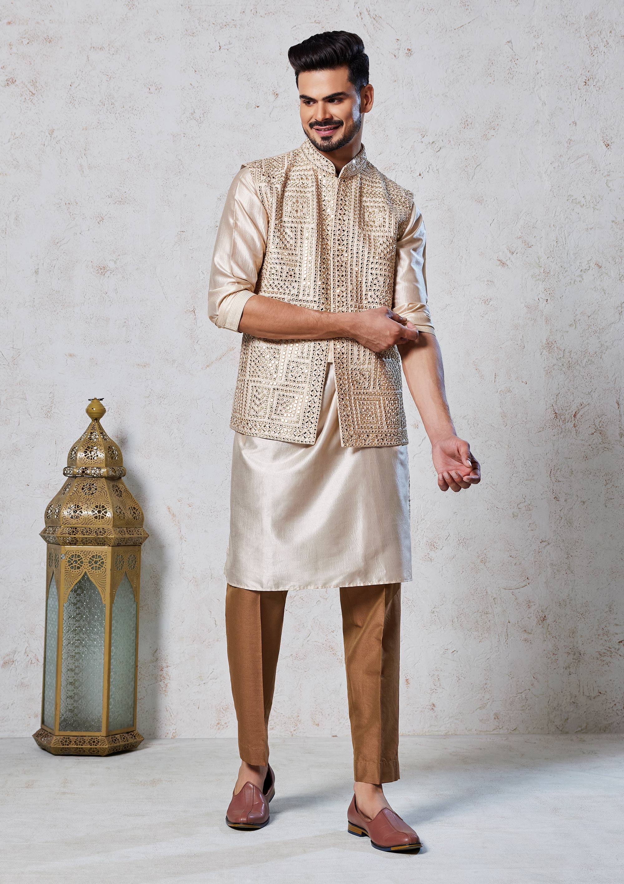 Beige Silk Kurta Pyjama Koti With Mirror Work