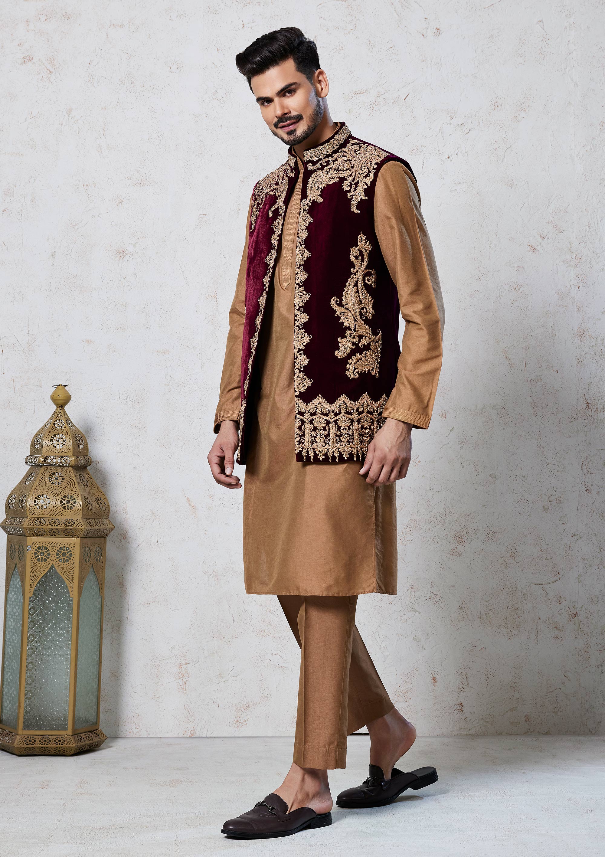 Maroon & Brown Kurta Pyjama  Koti with Zardozi Work