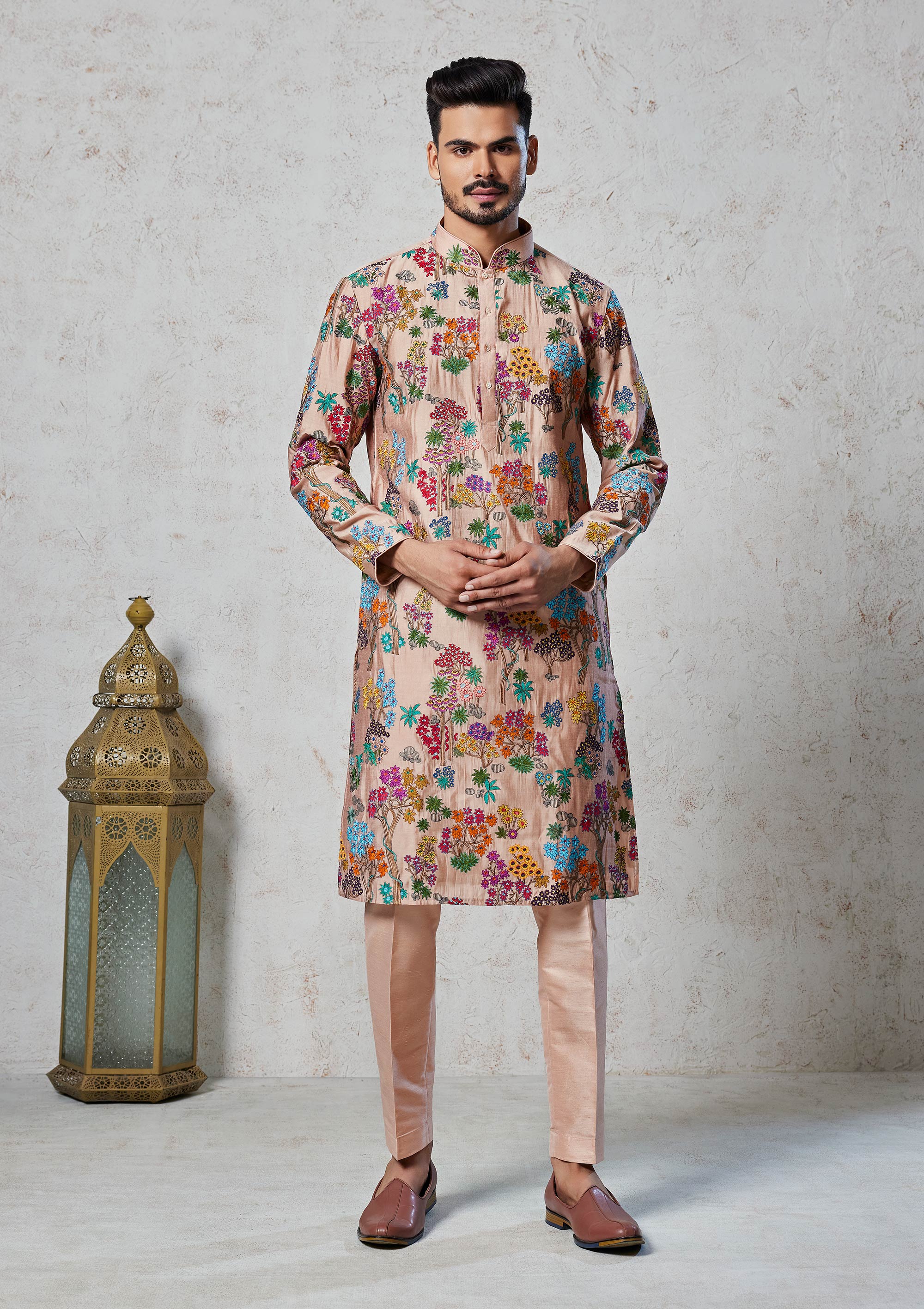 Beige Kurta Pyama with Multi Color Thread Work