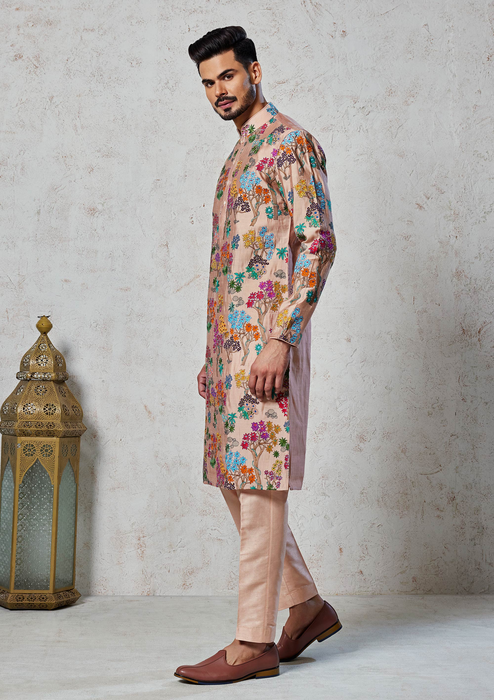 Beige Kurta Pyama with Multi Color Thread Work