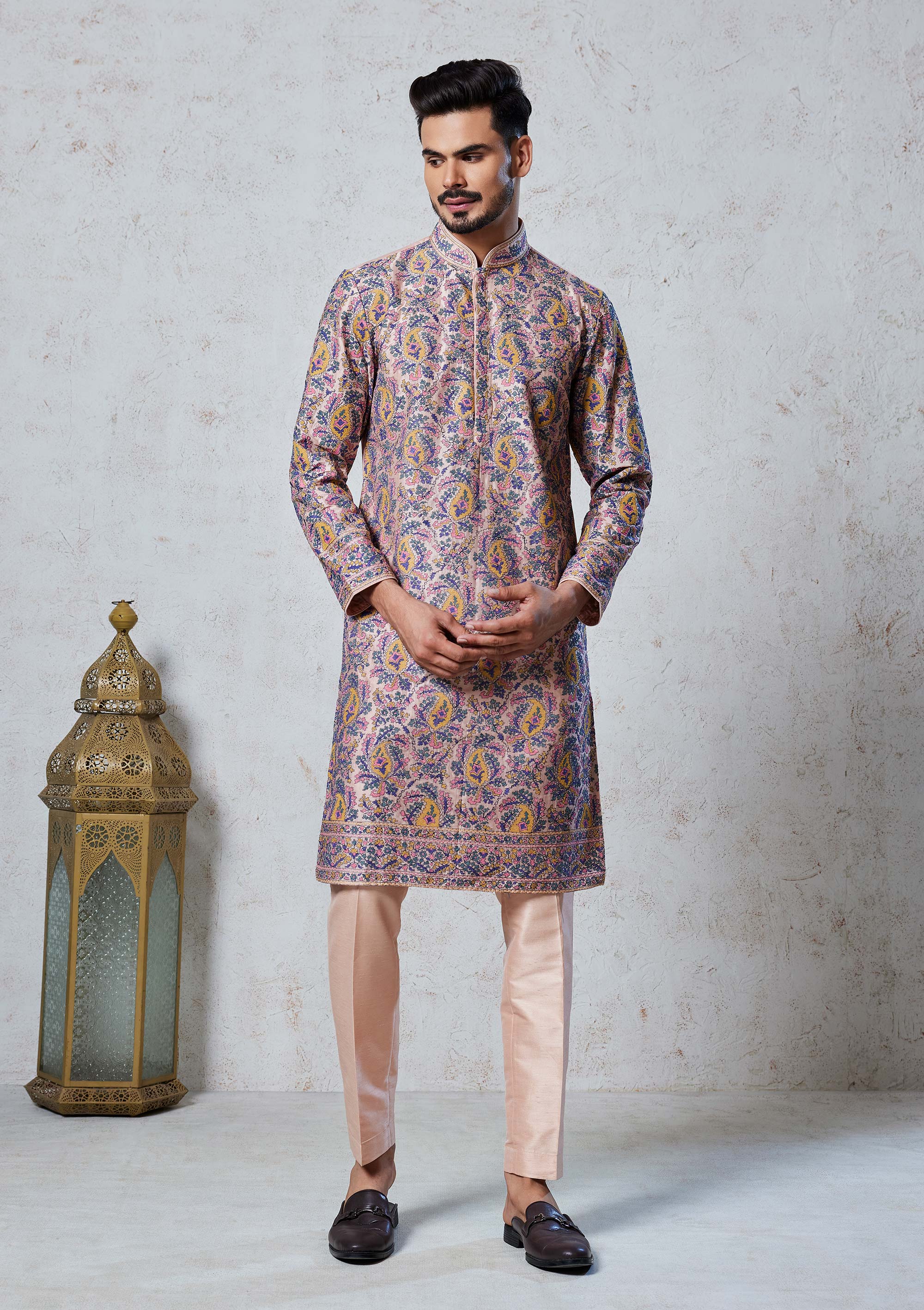 Peach Kurta pyjama with Multi Color Thread Work