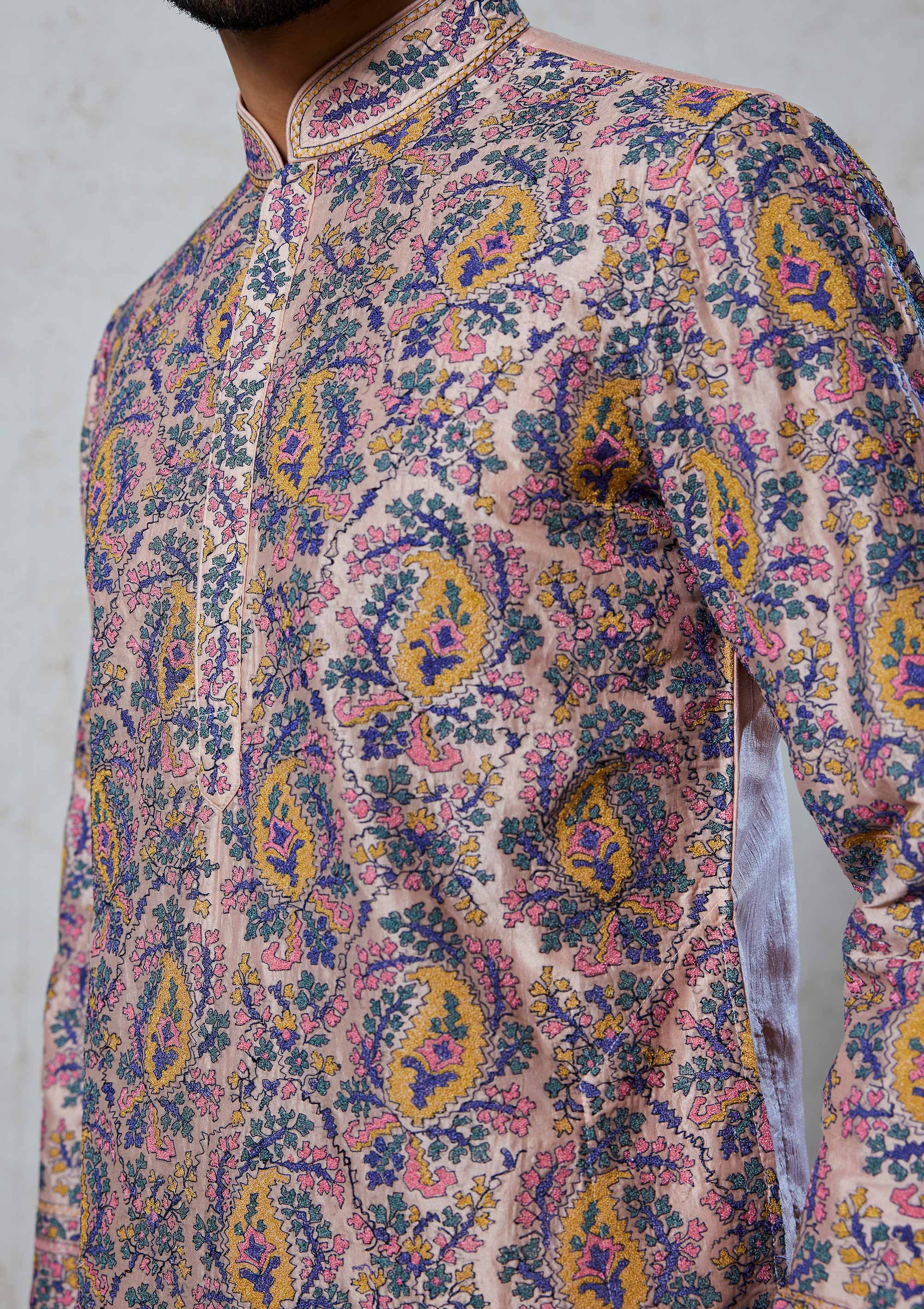 Peach Kurta pyjama with Multi Color Thread Work