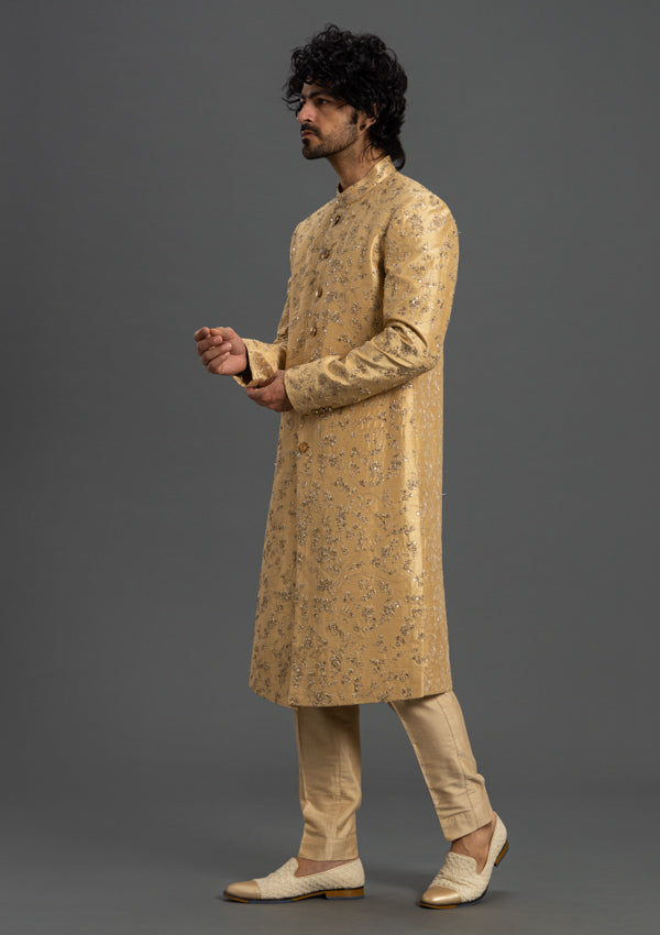 Gold Raw Silk Sherwani With Zardozi and Threadwork