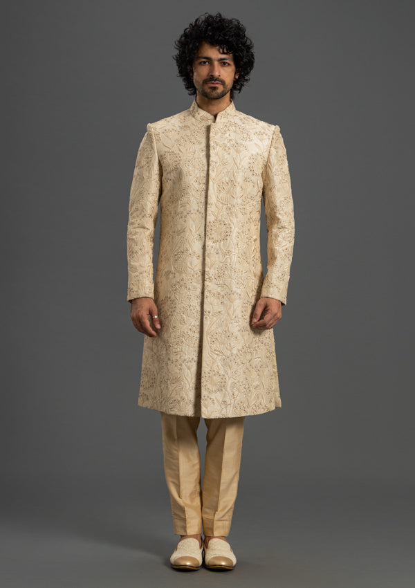 Beige Dupion Silk Sherwani With Thread & Pearl Work