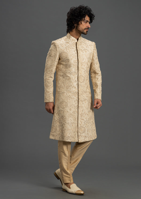 Beige Dupion Silk Sherwani With Thread & Pearl Work