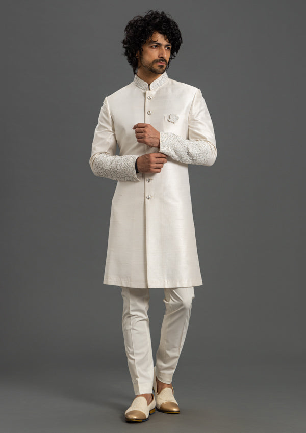 White Silk Sherwani With Moti and Leather Work
