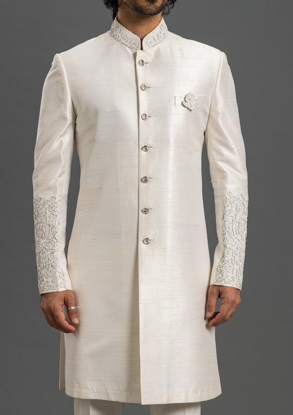 White Silk Sherwani With Moti and Leather Work