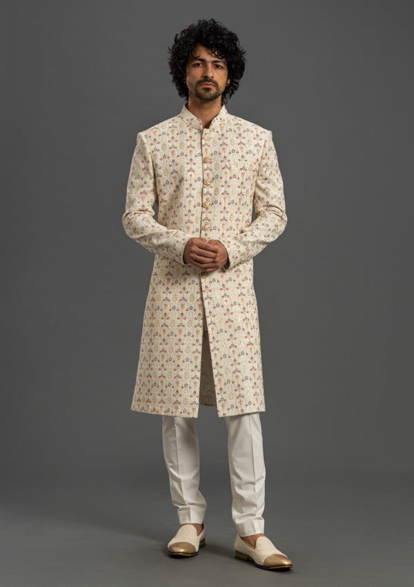 Multi-coloured Chikankari Sherwani With Threadwork