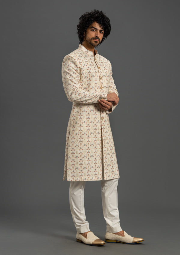 Multi-coloured Chikankari Sherwani With Threadwork