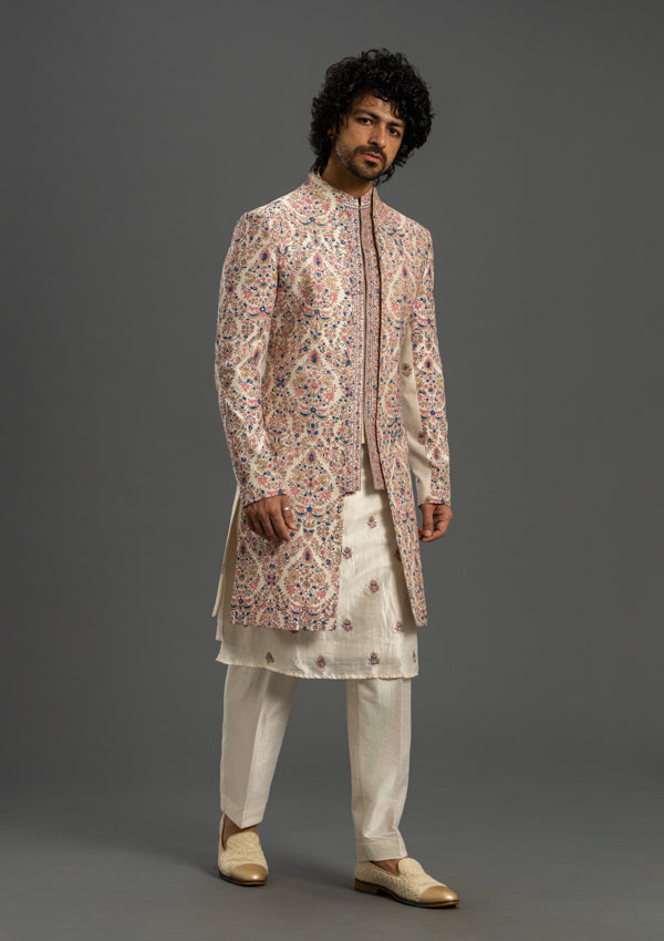 Multicolour Artificial Silk Sherwani With Threadwork