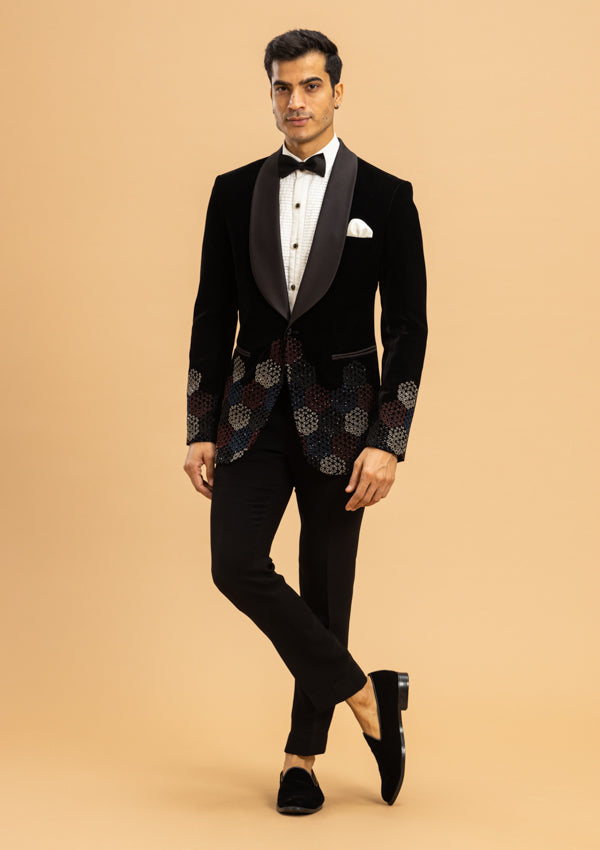 Black Velvet Suit with Embroidery and coloured moti work