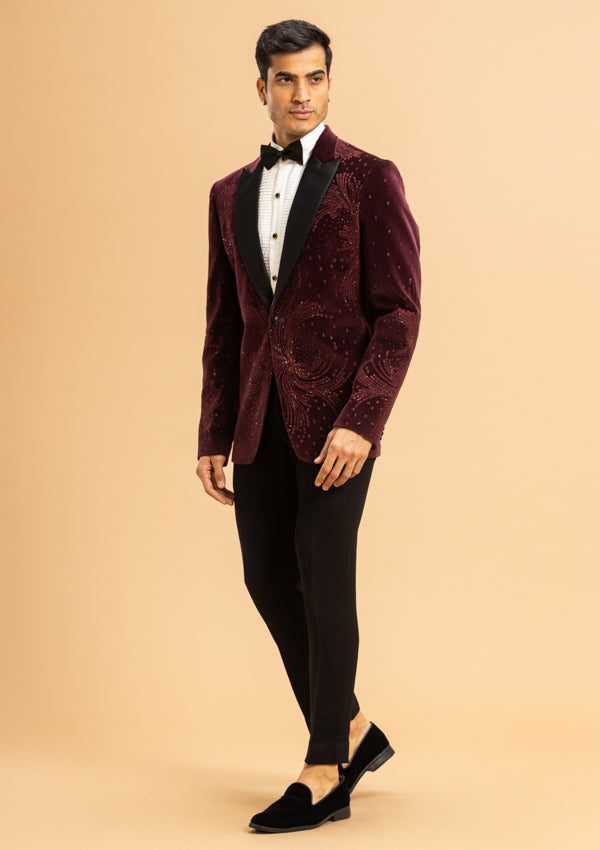 Wine Suede Suit With Swarovski And Pearl Work