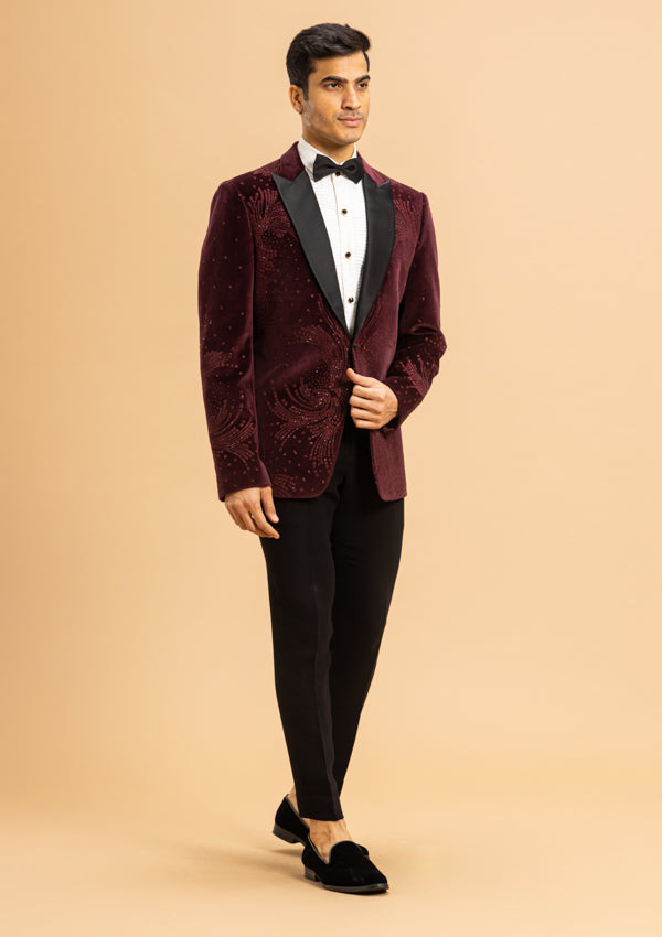 Wine Suede Suit With Swarovski And Pearl Work