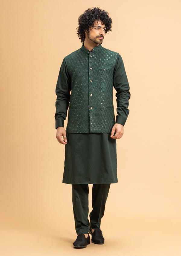 Green Cotton Bandi Jacket With Lucknowi  Work