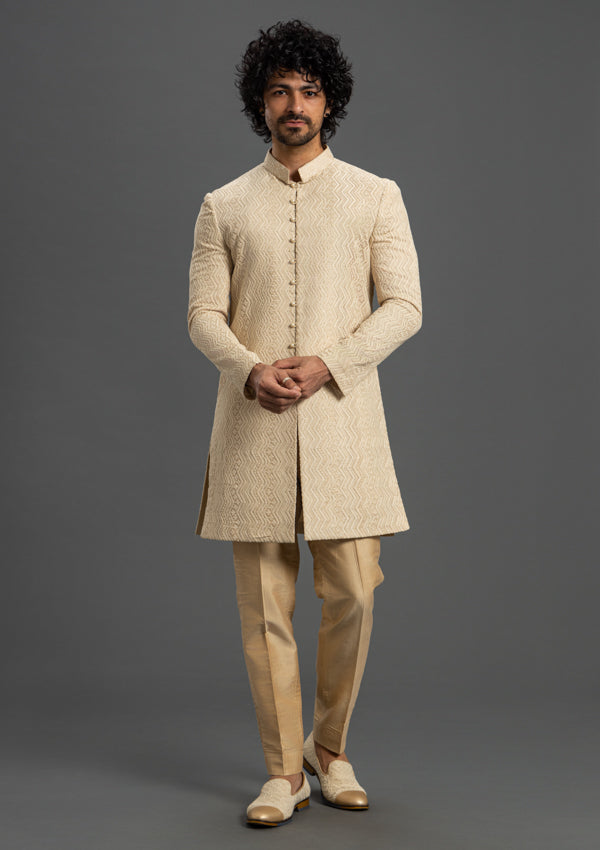 Beige Luckhnowi Indo-Western with Threadwork