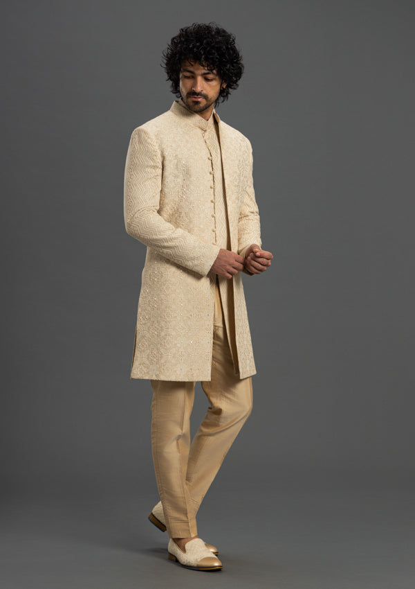 Beige Luckhnowi Indo-Western with Threadwork