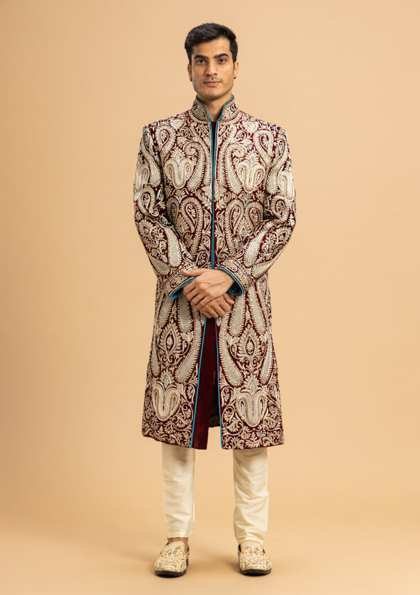 Maroon Velvet Sherwani With Heavy Zardozi and Crystal Work