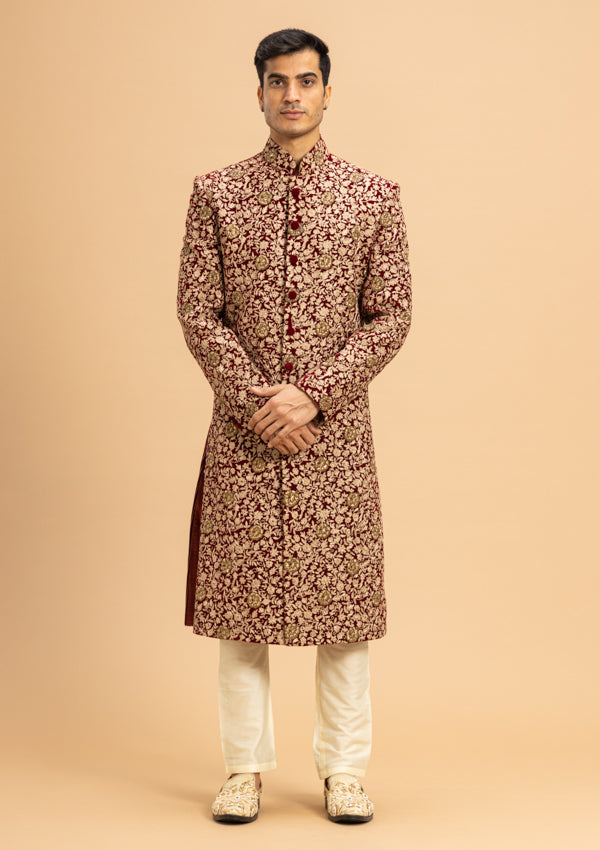 Maroon Velvet Sherwani With Zardozi and Threadwork