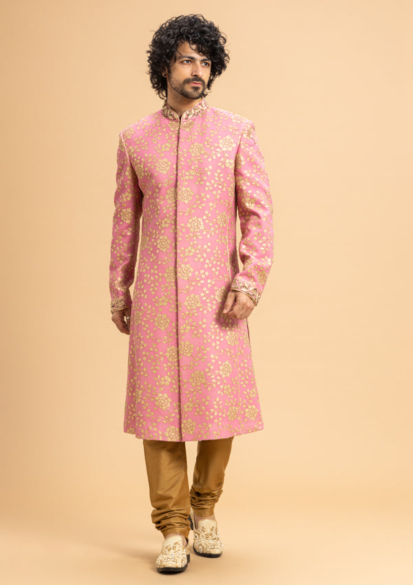 Pink Georgette Sherwani With Kasab and thread Work