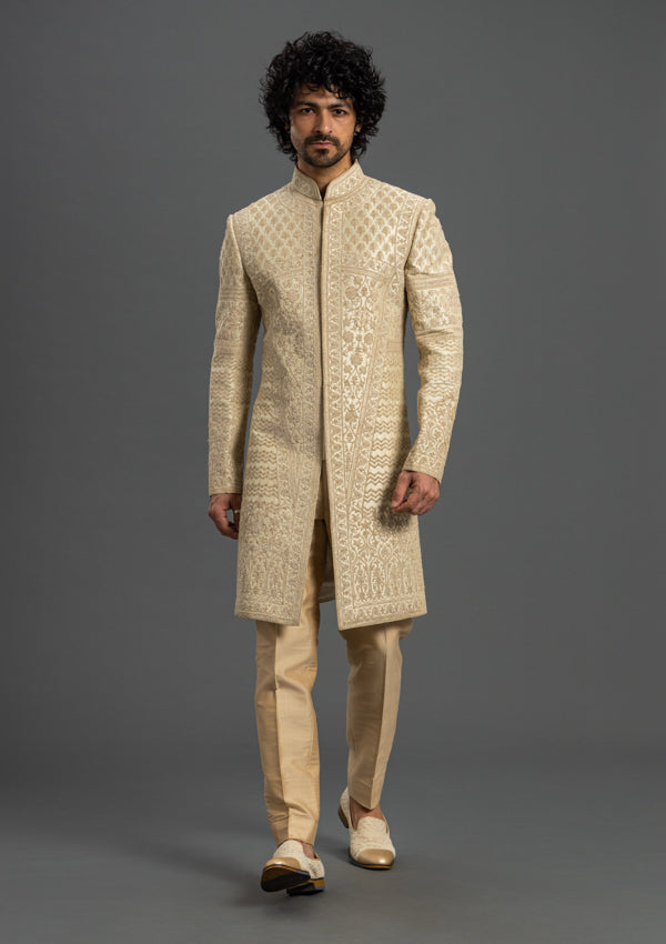 Beige Raw Silk Sherwani with Thread Work