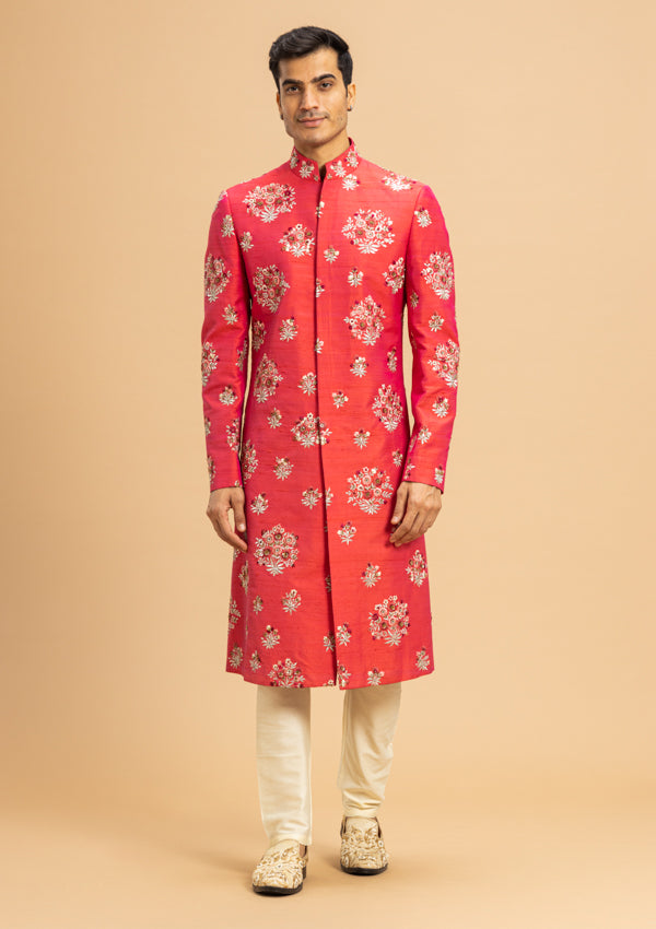 Pink Raw Silk Sherwani With Kasab and Thread Work