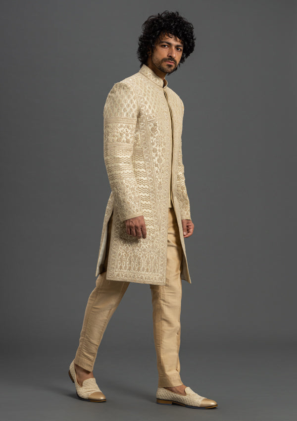 Beige Raw Silk Sherwani with Thread Work